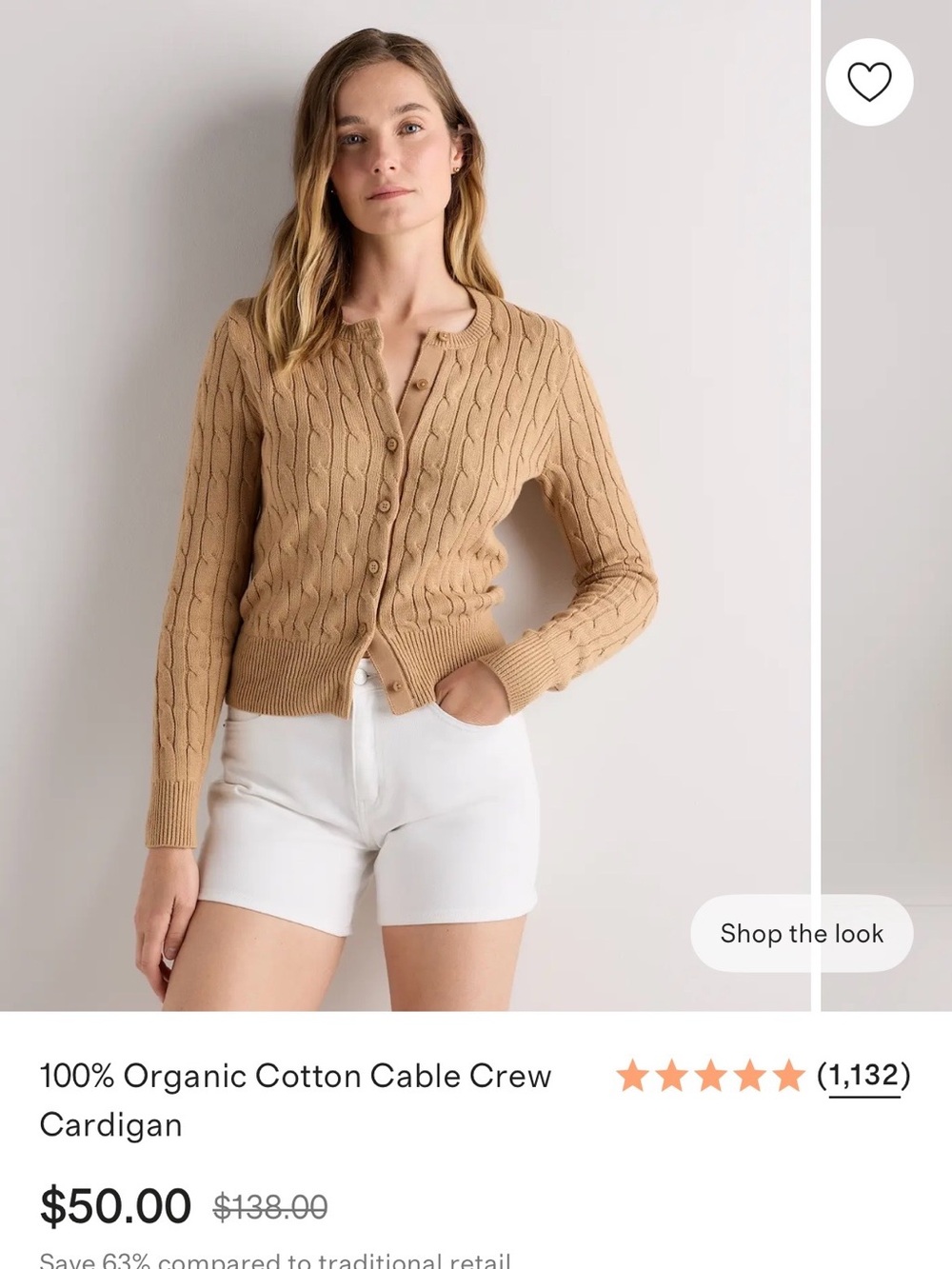 Quince 100% Organic Cotton Cable Crew Cardigan - Camel M